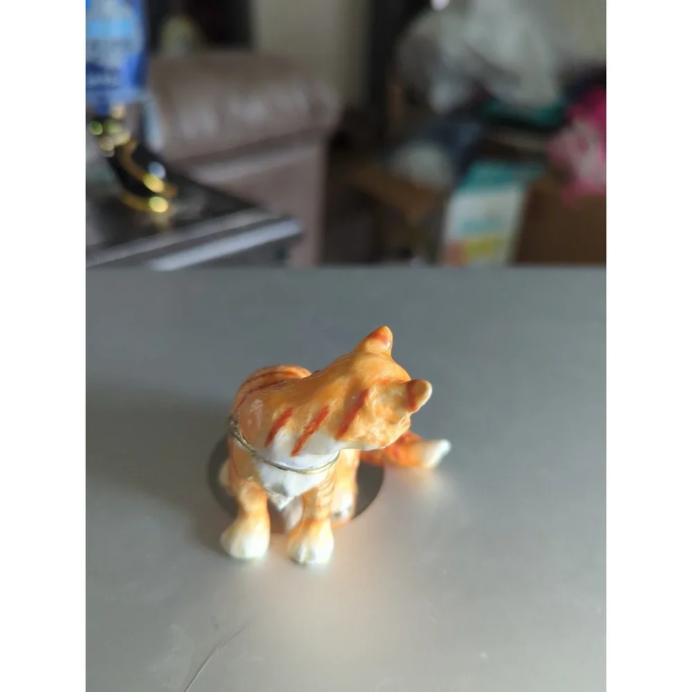Orange Striped Cat Trinket Box Hinged Jeweled Collar Enameled  Heavy